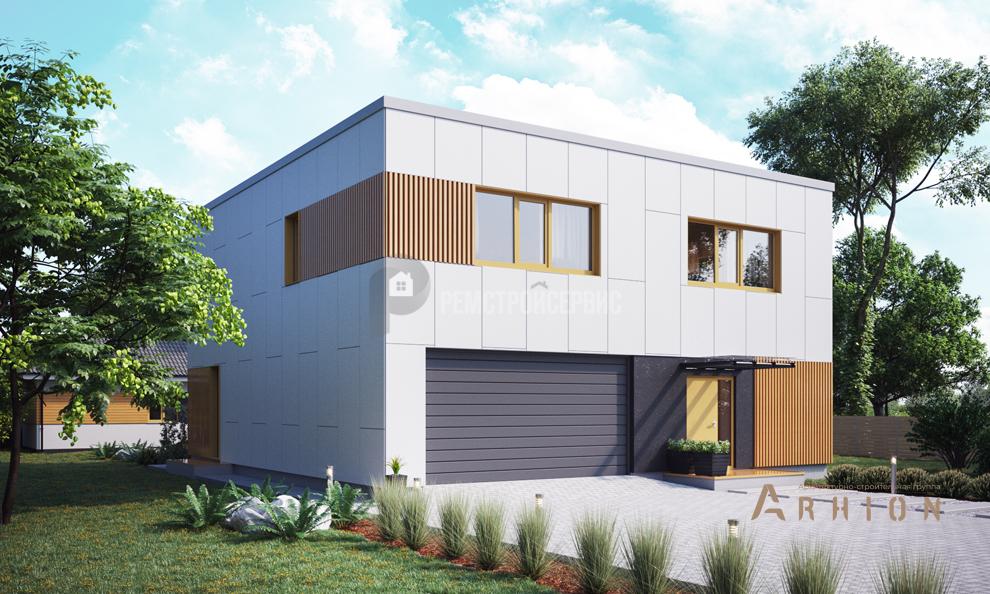 3. Проект двухэтажного дома в стиле хай-тек с плоской кровлей , t-71-01, площадью - 233 кв c терассой, гаражом